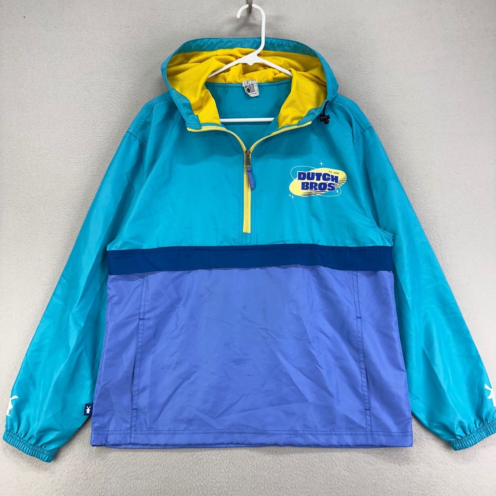Dutch Bros Anorak Jacket Mens Medium Blue Color Block Employee Retro Logo Hoodie